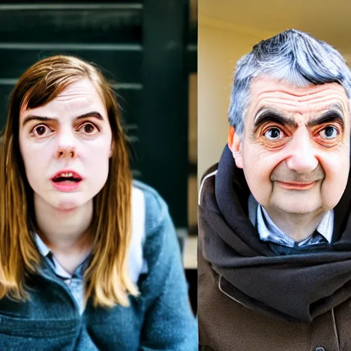 Image similar to A portrait mr bean elizabeth teams up with a teenage mr bean, perfect faces, 50 mm, award winning photography