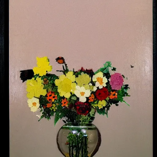 Prompt: a 8bit screen showcasing a photo of flowers, covered in oil painting, by jenny saville and francis bacon