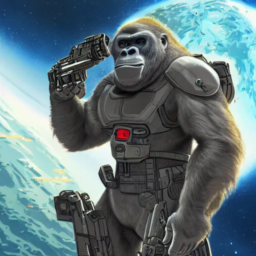 Image similar to detailed science - fiction character portrait of a silverback gorilla shooting a alien gun in space, intricate, wild, highly detailed, digital painting, artstation, concept art, smooth, sharp focus, illustration, art by artgerm and greg rutkowski and alphonse mucha