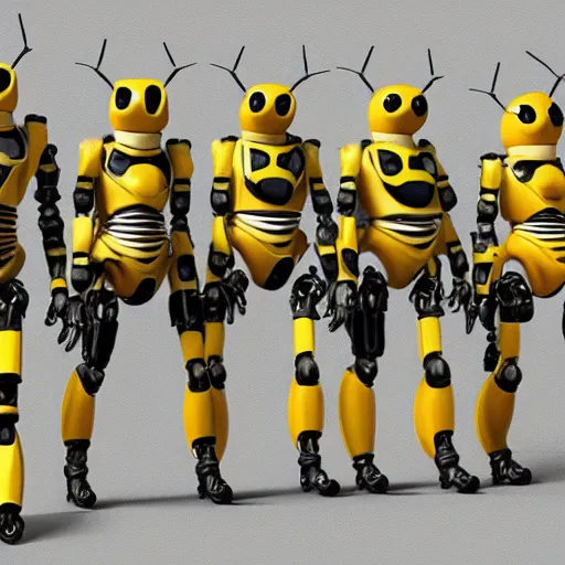 Image similar to a team of bee robots, hyperrealistic, digital art, 4 k