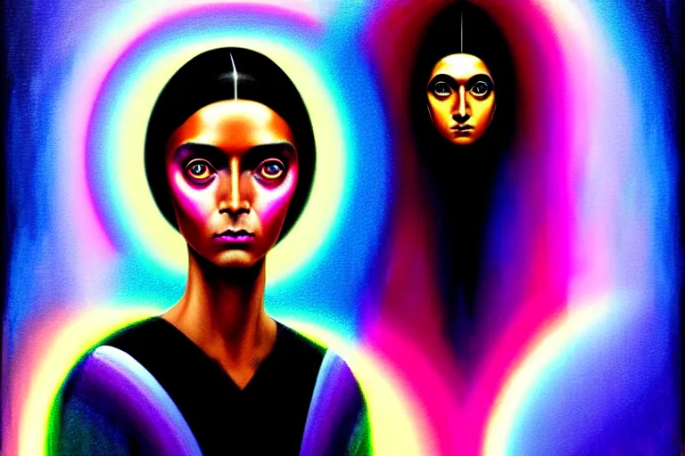 Image similar to patron saint of 🛸🌈👩🏾, futuristic iridescent clothing, wormhole, nebula, black hole, multiverse, neon god of city character portrait, in the style of margaret keane, moebius, tom bagshaw, and waterhouse, cinematic lighting, beautiful, elegant, oil painting,