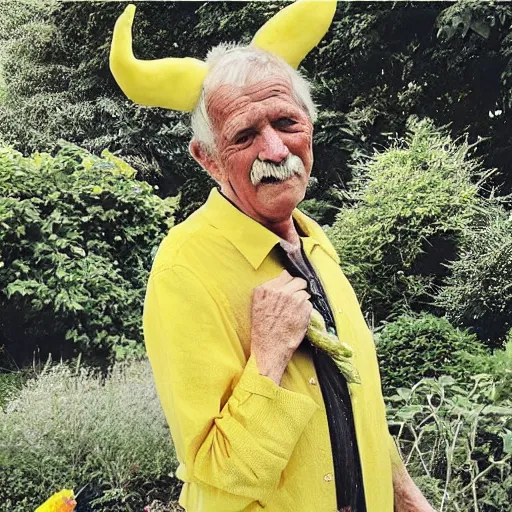 Prompt: “a photograph of an old man with horns hanging out in his garden with a tiny yellow bird on his shoulder.”