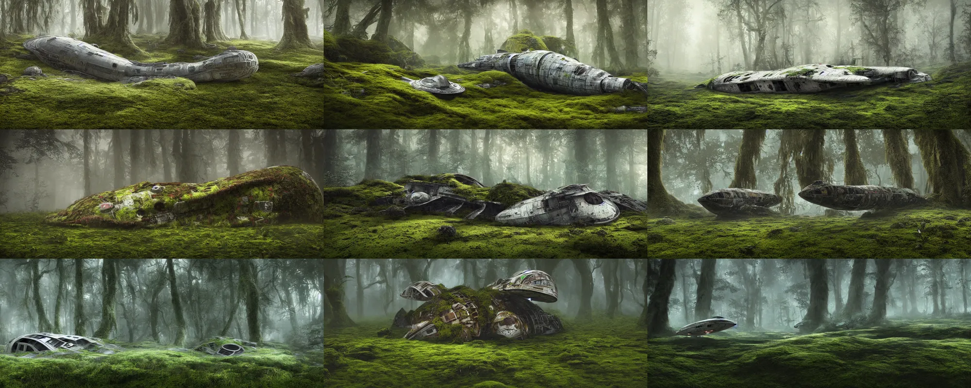 Prompt: intricately designed soft focus flat shaded illustration of a crashed cute large spaceship covered in patches of moss, foggy swamp, 4 k, unreal engine, morning