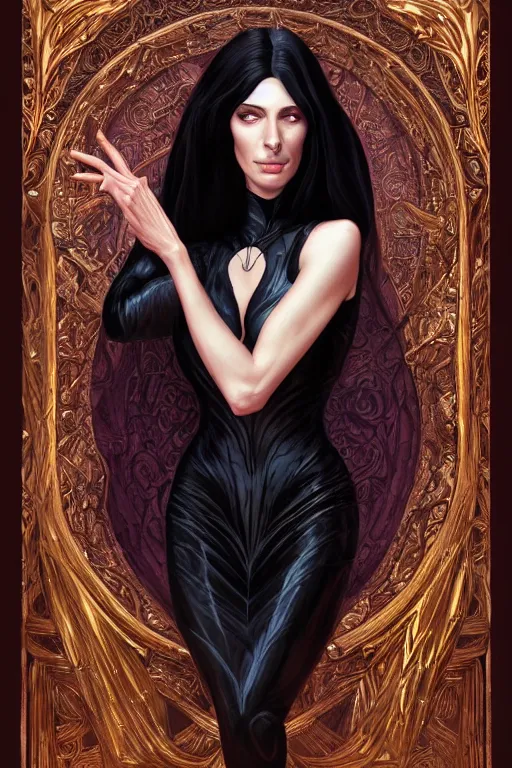 Prompt: ultra realistic illustration, claudia black as morticia addams from baldurs gate and diablo, intricate, elegant, highly detailed, digital painting, artstation, concept art, smooth, sharp focus, illustration, art by artgerm and greg rutkowski and alphonse mucha