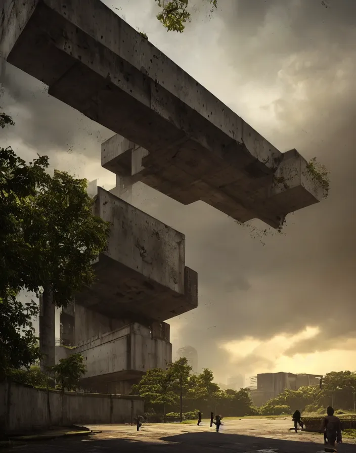 Prompt: brutalist architecture, streetscapes surrounded by lush green forest, view from ground level, stunning volumetric lighting, sunset, rusted steel, smooth solid concrete, stunning skies, trending on Artstation, 8k, photorealistic, hyper detailed, unreal engine 5, IMAX quality, cinematic, epic lighting, in the style of the game DOOM, by Greg Rutkowski