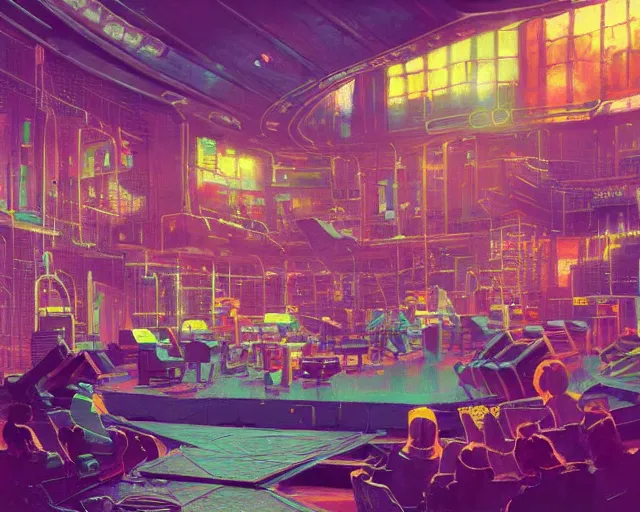 Image similar to IKEA catalogue photo of a cyberpunk concert hall, by Paul Lehr