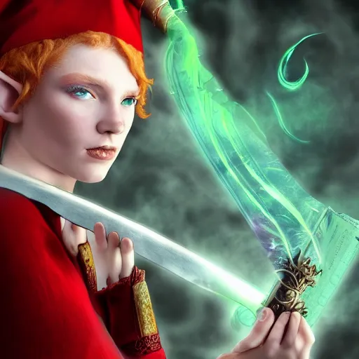 Image similar to a fantasy elf that is a wizard, holding a spell book and a dagger, with red hair, blue eyes, and is tall, 4 k digital art