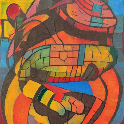 Image similar to fat mayan woman dancing, brilliant sunset, cubism, muted colors, texture