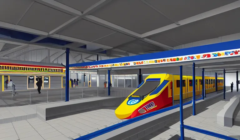 Image similar to Legoland train station interior platform, architectural render