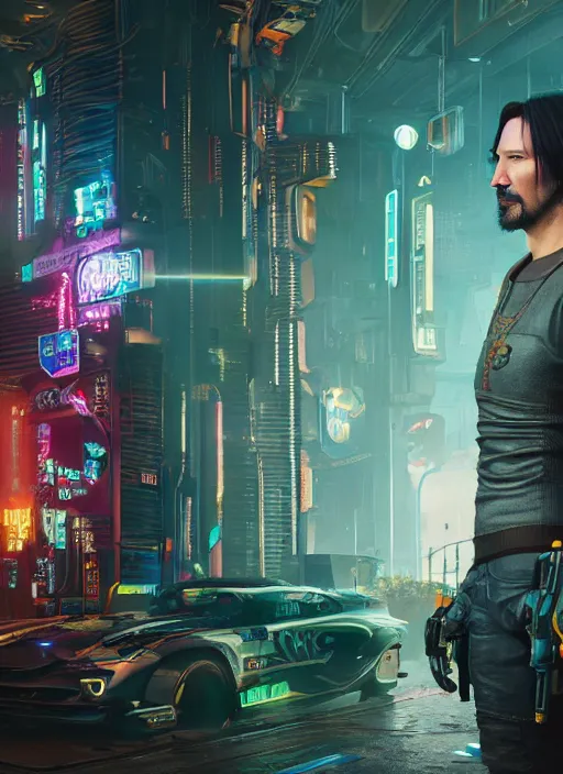 Image similar to a highly detailed photorealistic cyberpunk 2077 couple portrait of Keanu Reeves and female android,lots of electric cable behind,connected to giant computer,couple pose,love,fantasy, intricate, elegant,by Alex Horley and Greg Rutkowski,artstation,deviantart,FAN ART,Unreal Engine,Digital painting,face enhance,8K,golden ratio,cinematic lighting