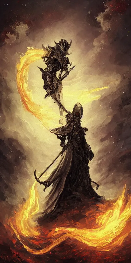 Prompt: breathtaking detailed soft painting of white grim reaper knight in medieval armor, gauze dress of fireflies and art nouveau scythe of embers, rembrandt style, in a nebulae galaxy with golden ribbons flying in flames, elegant, highly detailed, artstation, concept art, matte, sharp focus, art by Anato Finnstark, Richard Kane Ferguson and Greg Rutkowski