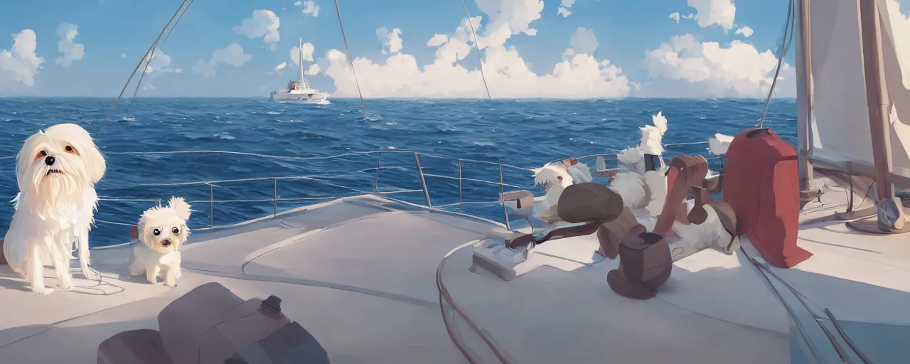 Image similar to a cream - colored havanese dog and shih tzu, sailing on a luxury yacht, detailed, atey ghailan, goro fujita, studio ghibli, rim light, exquisite lighting, clear focus, very coherent,