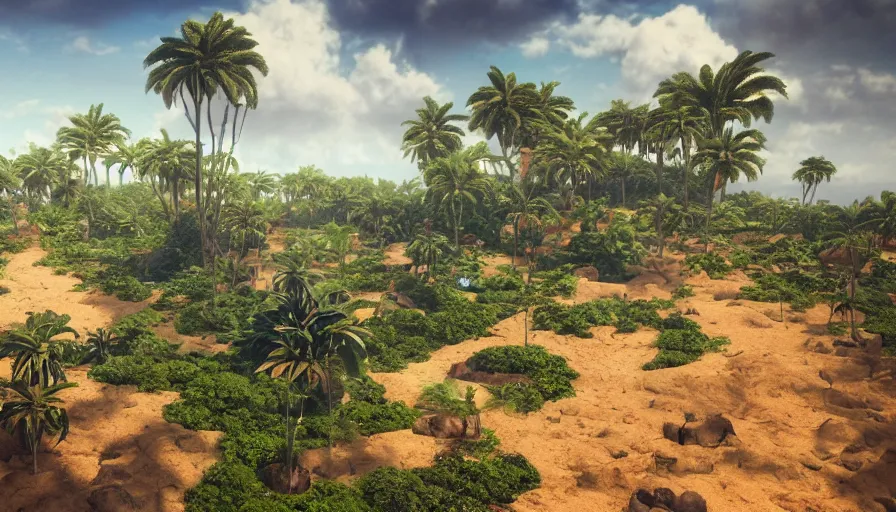 Image similar to beautiful stunning amazing slightly cloudly sky with various differently colored floating islands made of dirt and sand and stone with many varied rainforest forest desert plants and few little animals, landscape, fantasy, wide angle, sharp image, cinematic, concept art, 3d, photorealistic render, octane render, blender cycles, unreal engine, raytracing, volumetric light, photoshop, lightroom, digital art, trending on artstation