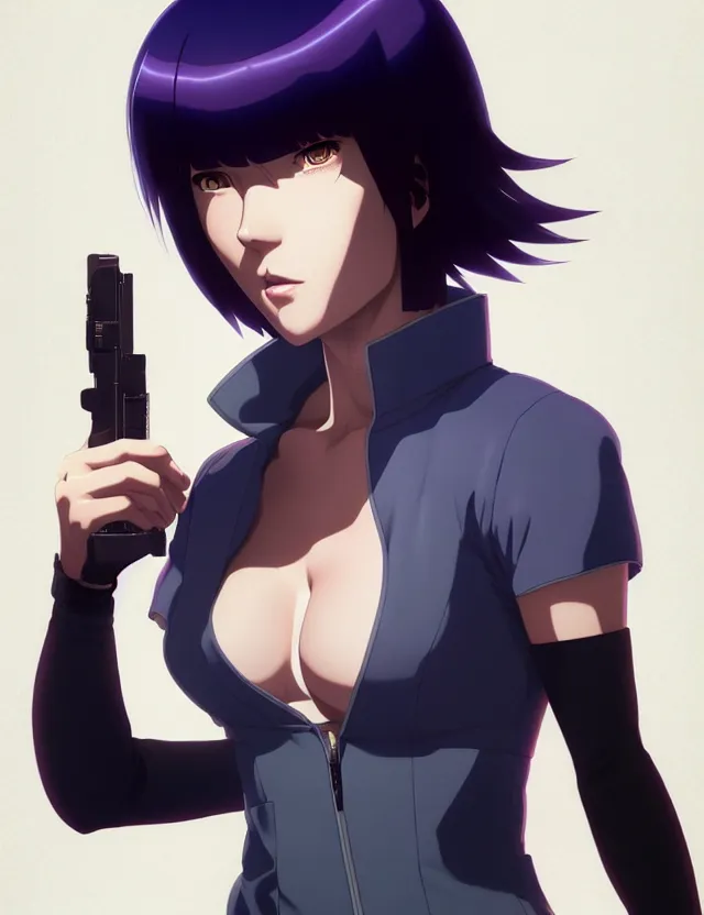 Image similar to a fullbody portrait of motoko kusanagi the major ghost in the shell : : stand alone complex, under repairs, maintenance : : by ilya kuvshinov, rossdraws, artgerm, sola digital arts, anti aliasing, raytracing : :