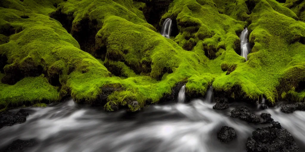 Image similar to photo of a landscape with lush forest, wallpaper, very very wide shot, iceland, new zeeland, green flush moss, national geographic, award landscape photography, professional landscape photography, waterfall, stream of water, big sharp rock, ancient forest, primordial, sunny, day time, beautiful