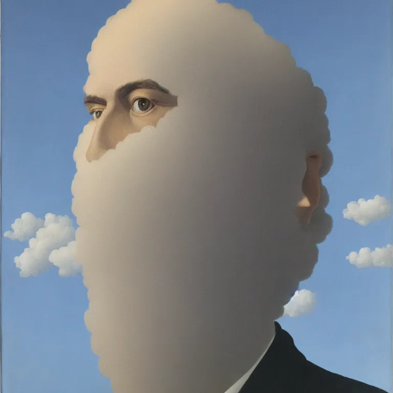 Image similar to portrait of a cloud faced man, by rene magritte, centered, detailed painting, hd, hq, high resolution, high detail, 4 k, 8 k