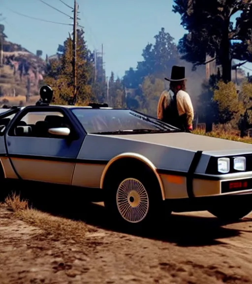 Prompt: bttf delorean in rdr2, full show, entire car in view, trending on Instagram, photo