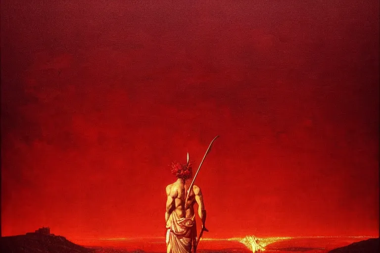 Image similar to only with red, a red melted apollo with a laurel wreath and a flaming sword announce the win, athens in the background, in the style of beksinski, part by hopper, part by rodcenko, part by hofbauer, intricate composition, red by caravaggio, insanely quality, highly detailed, masterpiece, red light, artstation