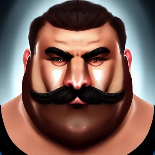 Image similar to face portrait a big beefy man with a large face, thick dark hair, a bushy black moustache, no beard, with hardly any neck and mean little eyes, highly detailed, digital art, sharp focus, trending on art station, drawing