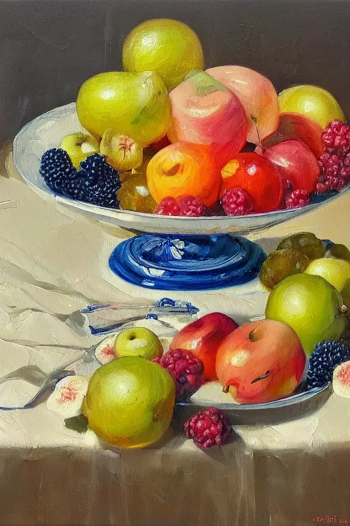 Prompt: A beautiful still life oil painting of a compote full of fruits, summer, hyperrealistic, colorful, hyperdetailed.