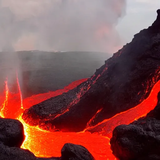 Prompt: man in a swimsuit getting swallowed by flowing lava on a volcano with magma eruptions