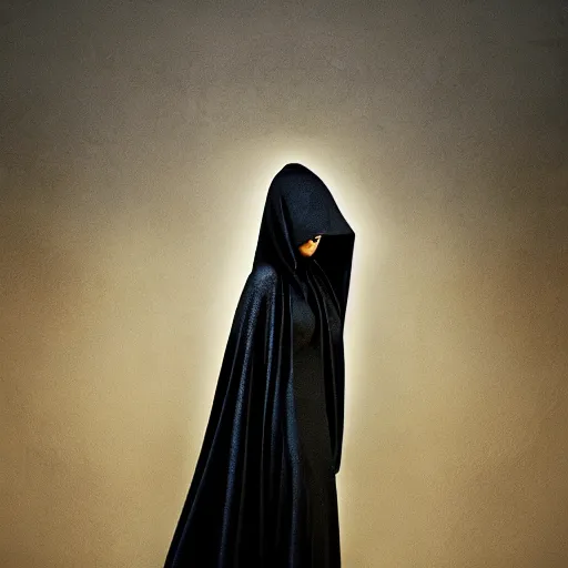 Image similar to a portrait of a young black woman wearing a long dark cloak, hood and shadows covering face, wearing shiny gold, oil painting, matte painting, black background, Volumetric Golden dappled dynamic lighting, Highly Detailed, Cinematic Lighting, Unreal Engine, 8k, HD, by Beksinski