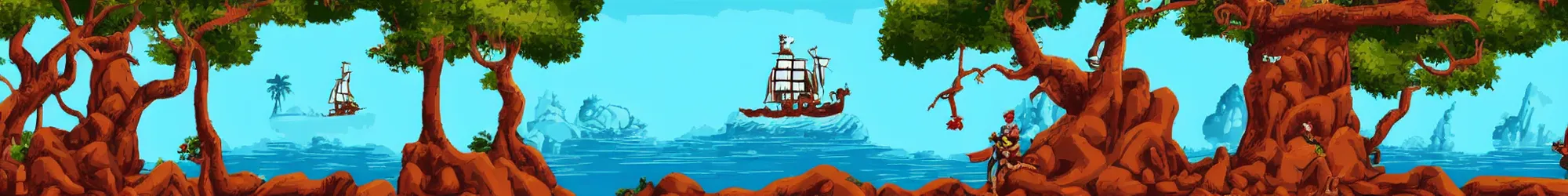 Prompt: landscape of pirate of the monkey island advanture game