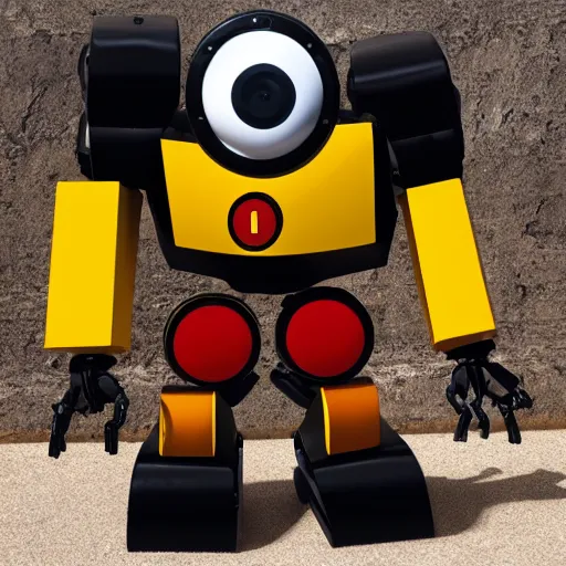 Image similar to large red, yellow and black robot with the omega symbol on its shoulder