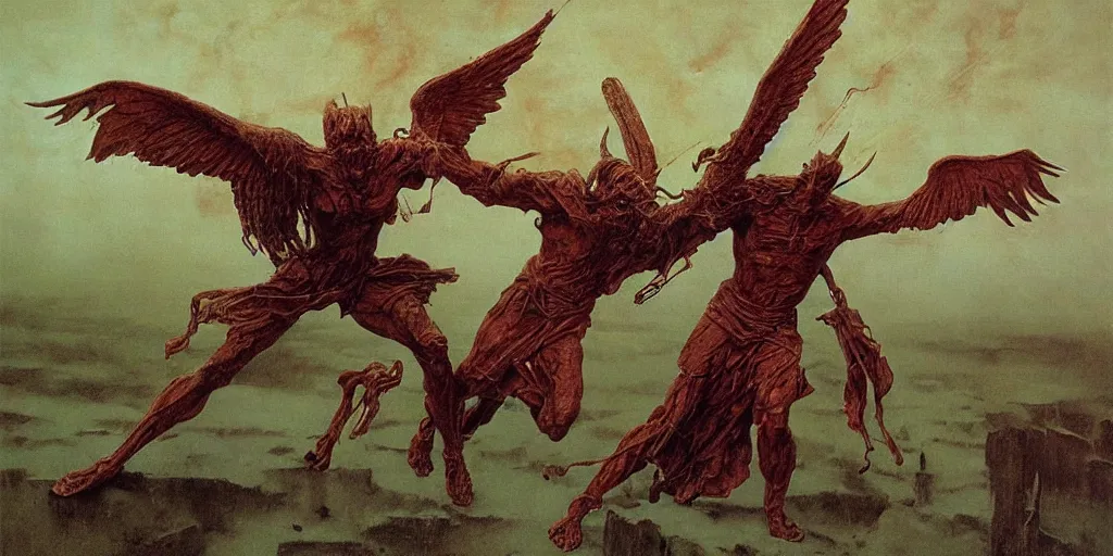 Prompt: satan fights against an archangel with large wings, beksinski, dariusz zawadzki