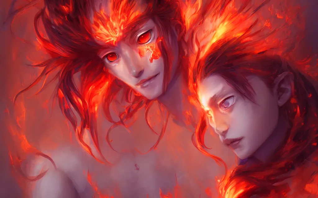 Image similar to A realistic anime portrait of a beautiful fire spirit twins with glowing red eyes and firey skin wearing clothes made of flames, digital painting, by Stanley Artgerm Lau, Sakimichan, WLOP and Rossdraws, digtial painting, trending on ArtStation, SFW version