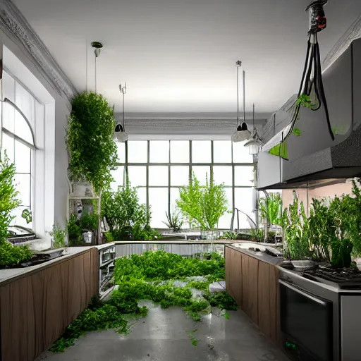 Image similar to unusual kitchens, overgrown with vegetation model inside crystal ball, octane render hyperdetailed,