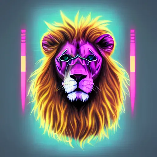 Prompt: A portrait of lion wearing a futuristic helmet in the style of synthwave