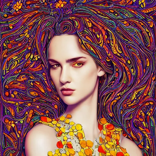 Image similar to the portrait of a beautiful, sophisticated, and elegant young woman made up of peppers, an ultrafine detailed illustration by james jean, intricate linework, bright colors, final fantasy, behance contest winner, vanitas, angular, altermodern, unreal engine 5 highly rendered, global illumination, radiant light, detailed and intricate environment