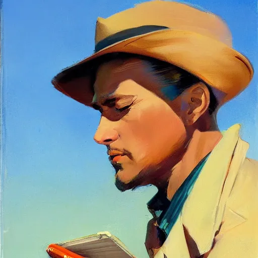 Image similar to greg manchess mid century album cover featuring a man with a notebook, medium shot, asymmetrical, profile picture, organic painting, sunny day, soft colors, matte painting, bold shapes, hard edges, street art, trending on artstation, by huang guangjian and gil elvgren and sachin teng