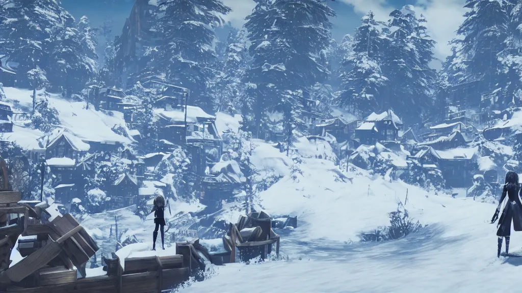 Prompt: Screenshot from Nier Automata, beautiful landscape at a ski resort