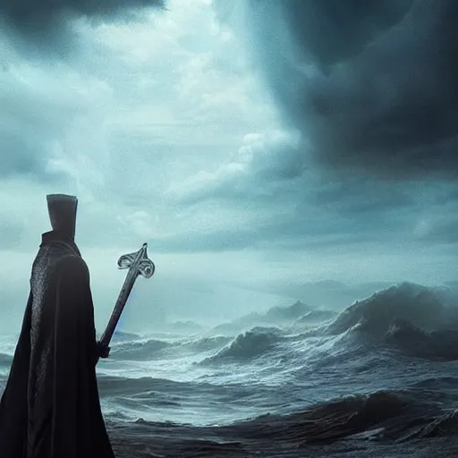 Image similar to A powerful handsome broad shouldered necromancer in black robes with blue eyes holding an exquisite sword standing at a distance. He gazes by the stormy sea and oozes extreme power and magic. Whole scene is powerful and magical and stunning to watch. Aesthetic!!!!!!, Unreal engine, 8k, trending on artstation, sharp focus, highly detailed, concept art, ultra HD, intricate, elegant, bright colors oil on canvas, by Ilya Repin