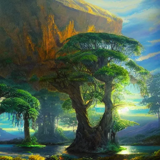 Prompt: large landscapes from another world, beautiful painting, very detailed fauna and flora, enhance lighting