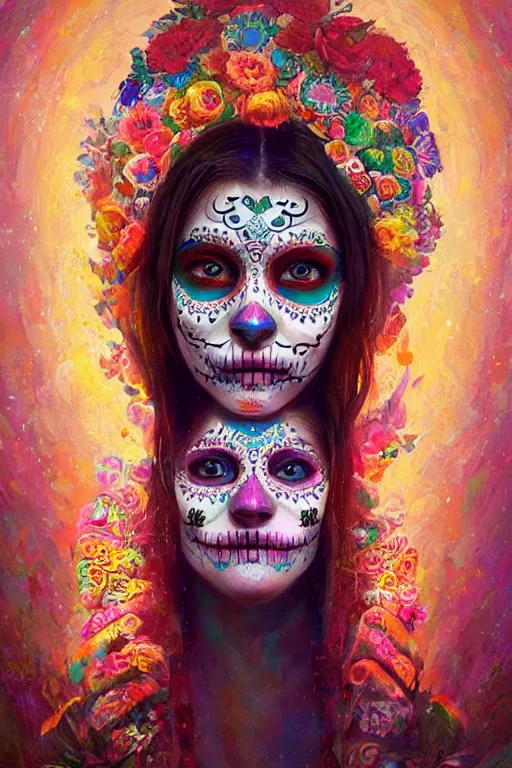 Image similar to portrait of mexican girl girl with colorful day of the dead patterns, staring directly into camera, intricate, elegant, glowing lights, highly detailed, digital painting, artstation, sharp focus, illustration, art by wlop, mars ravelo and greg rutkowski