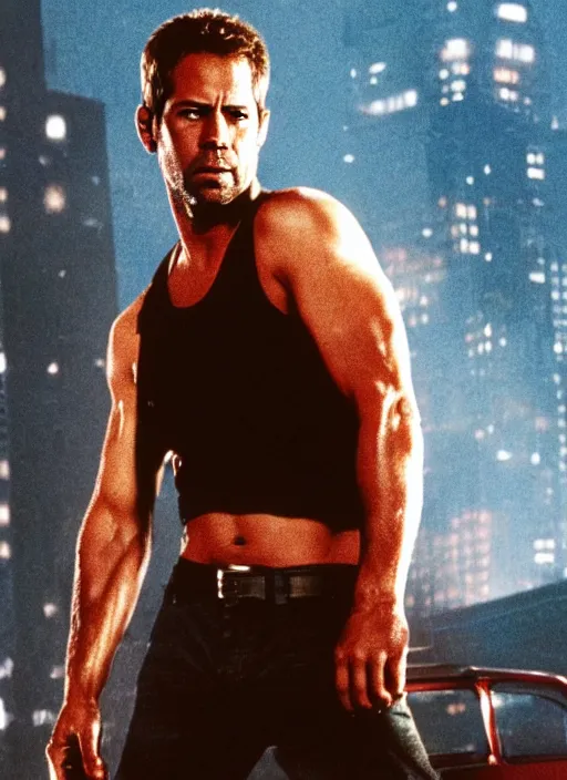 Prompt: film still of Paul Walker as John McClane in Die Hard, 4k