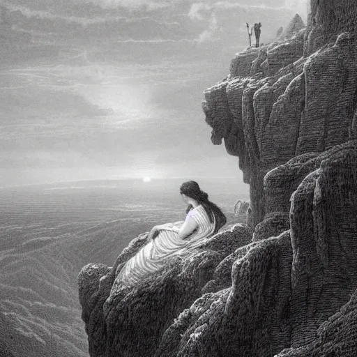 Image similar to A lonely woman looks down from a gigantic cliff, mountains, gorgeous view, lush valley, distant forest, spirals, distant city, distant glow, night, sunset, dramatic light, Chiaroscuro, long shadows, dark, masterpiece, high detail, detailed, illustration by Paul Gustave Doré