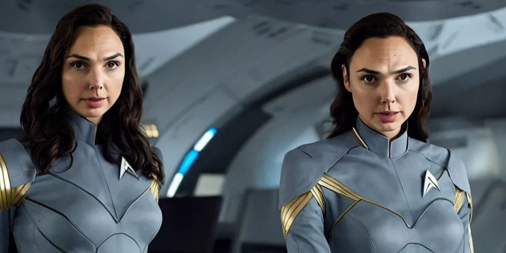 Image similar to Gal Gadot, in full starfleet uniform, is the captain of the starship Enterprise in the new Star Trek movie