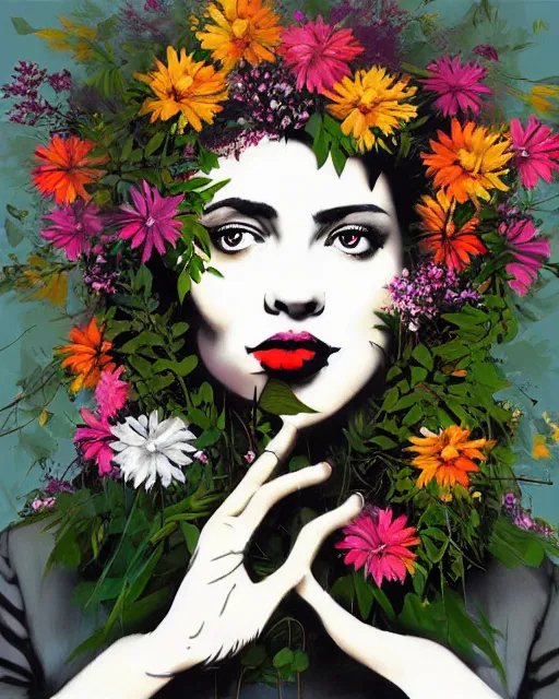 Image similar to woman portrait explosion of flowers and foliage, banksy, artgerm