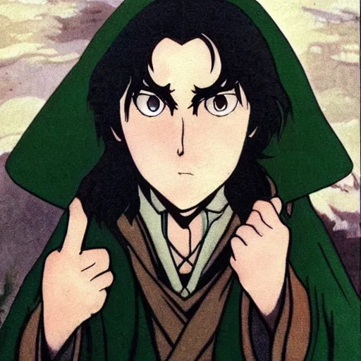 Prompt: peregrin took from the anime lord of the rings (1986), dark hair, green cape, hobbit, studio ghibli, very detailed, realistic