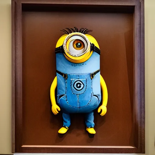 Prompt: photograph of a dry, taxidermied, ancient minion on display in a museum