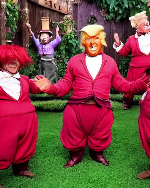 Prompt: dancing dwarf sized oompa loompas look just like donald trump, charlie and the chocolate factory, photorealistic