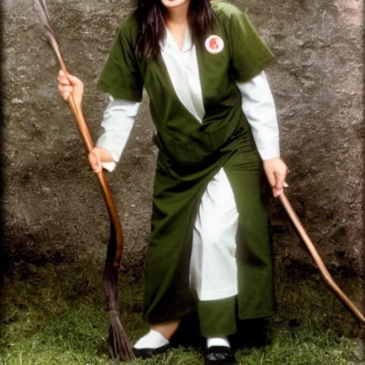 Image similar to a nurse with long brown hair and wearing green scrub nurse uniform riding on a broomstick like a witch