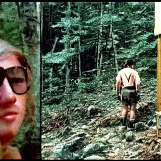 Prompt: !dream a screen capture of found footage video left behind by a missing hiker in 1986
