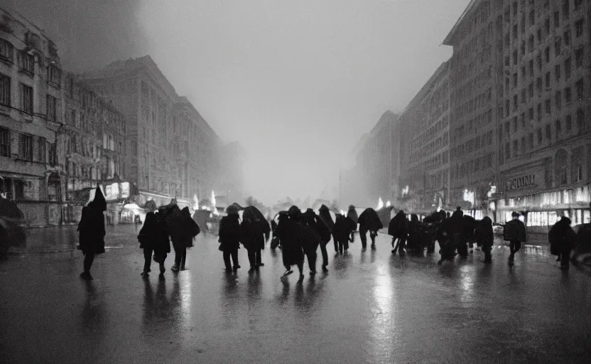 Prompt: 40s movie still of a sovietic street with many pedestrians with stalinist style building, Cinestill 800t 18mm, heavy grainy picture, very detailed, high quality, 4k panoramic, HD criterion, dramatic lightning, streetlight at night, rain, mud, foggy, soviet flags