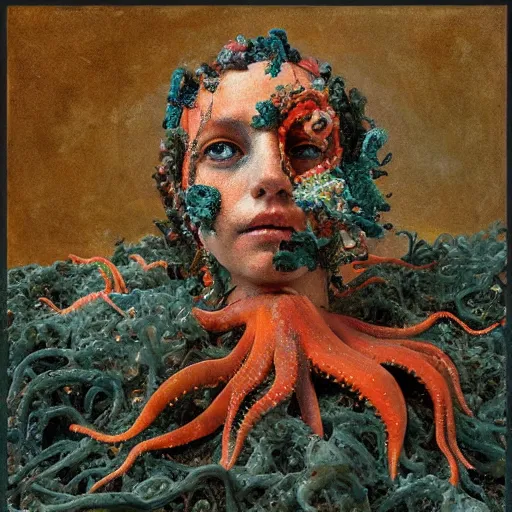 Image similar to a sculpture portrait made of seaweed and coral and shells and octopus, painting part by wojciech siudmak, part by ilya repin, part by max ernst, part by norman rockwell, artstation