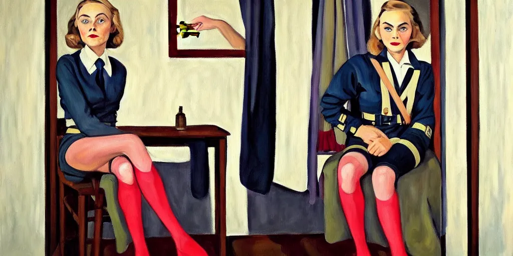 Image similar to oil painting of annasophia robb in a WWII uniform putting on stockings, teaching you a lesson in a void room full of etwined arms, existential horror painted by Alice Neel,